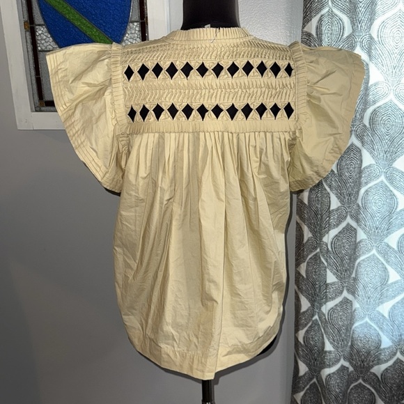 Sea New York Phoebe Cotton Poplin Smocked Flutter Sleeve Top Lt Tan SZ Medium - Picture 5 of 9